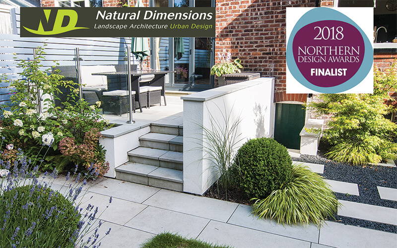 Natural Dimensions private garden design Northern Design Award Heaton Moor japanese forest grass raised patio stepping stones japanese maple box balls